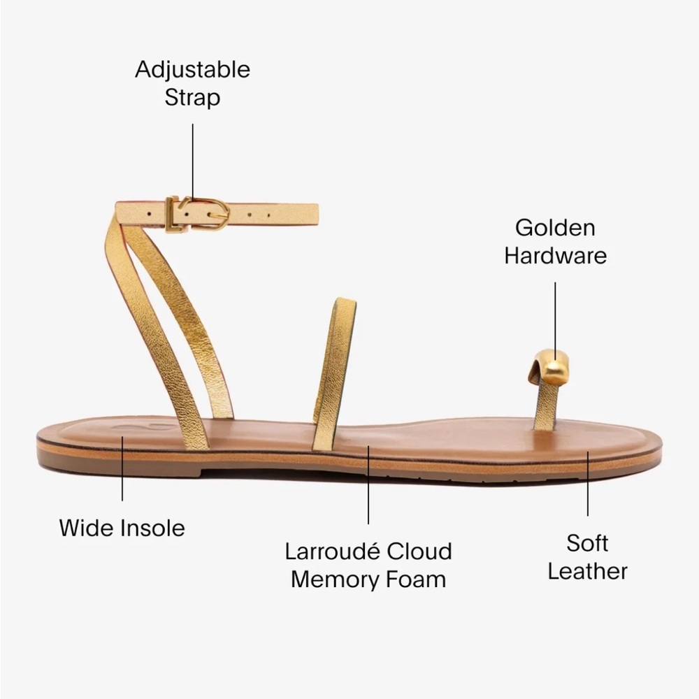 BNIB Larroudé Biarritz Flat Sandal in Gold Metallic Leather - Picture 3 of 6